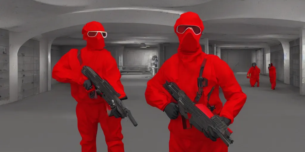 Prompt: red hazmat holding a minimalist shotgun, in an underground facility, sterile, MC Escher style architecture, human farm, action shot, cinematic, unreal engine, concept art