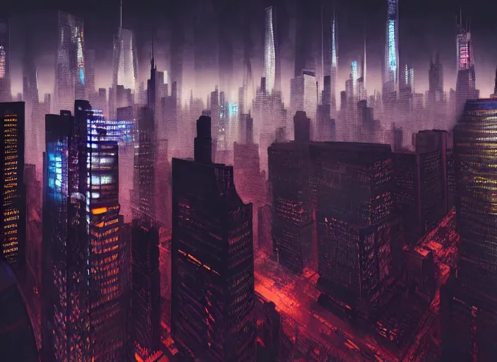 Image similar to cyberpunk scifi scene of new york skyline at night, artstation, matt painting, very detailed, maximalism, ambient occlusion, volumetric light, atmospheric haze, unreal engine, hyper realism, realistic shading, cinematic composition, realistic render, octane render, detailed textures, photorealistic, wide shot