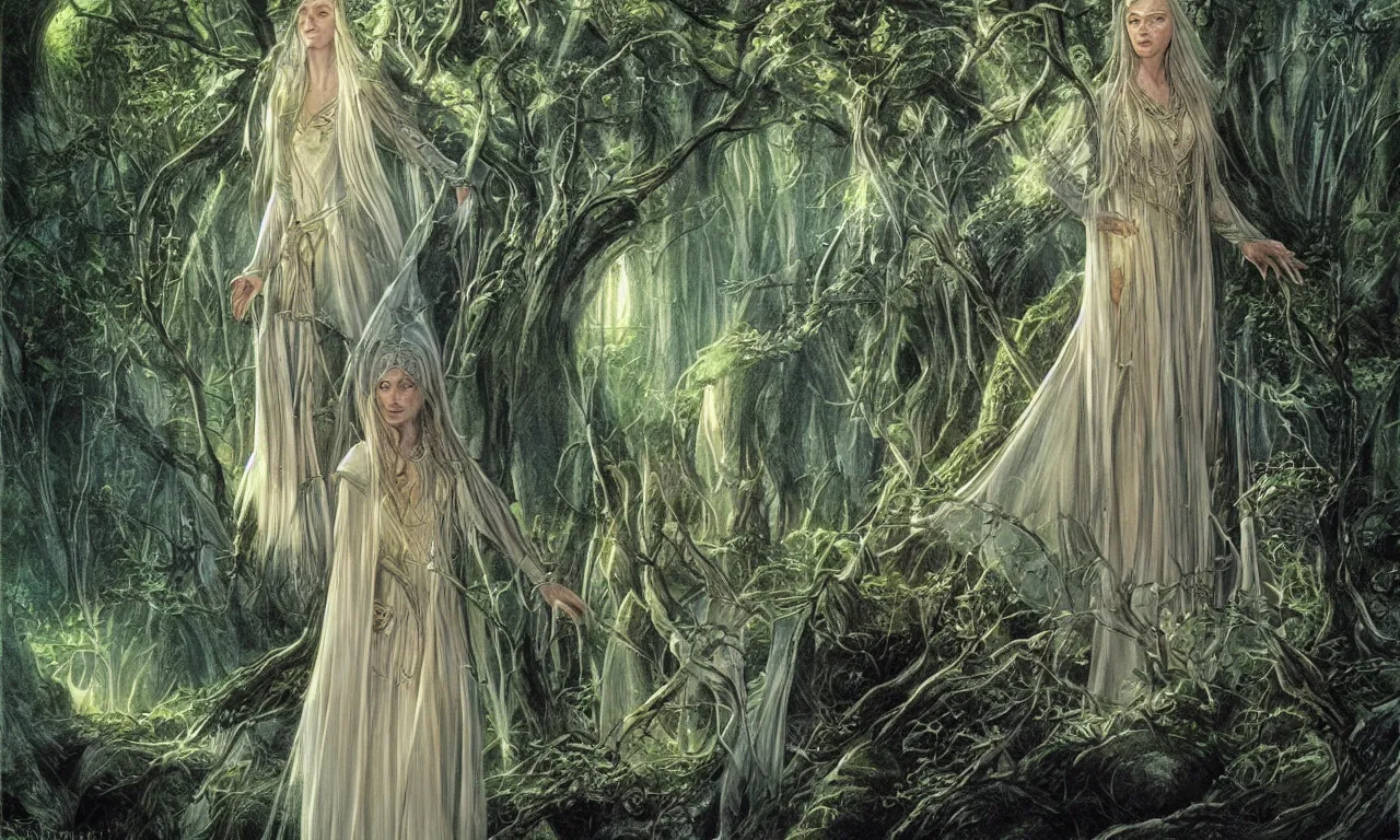 Image similar to Galadriel in Lothlórien, art by Vicente Segrelles and Don Maitz, fantasy illustration, Tolkein art