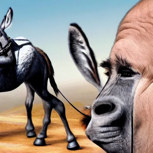 Image similar to donkey sitting on benjamin netanyahu picture, photorealistic, detailed, photograph