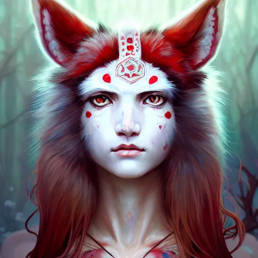 Image similar to Portrait of Princess Mononoke with red facepaint under her eyes, white fur, face, fantasy, intricate, elegant, highly detailed, digital painting, artstation, concept art, smooth, sharp focus, illustration, art by Fernanda Suarez and Artem Demura and alphonse mucha