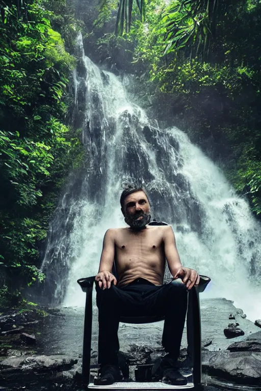 Image similar to movie closeup young man with a grey beard in a cyberpunk suit sitting on a futuristic chair at the edge of a jungle waterfall by emmanuel lubezki