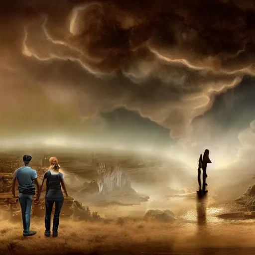 Prompt: a young couple watching the apocalypse unfold, romantic detailed digital matte painting