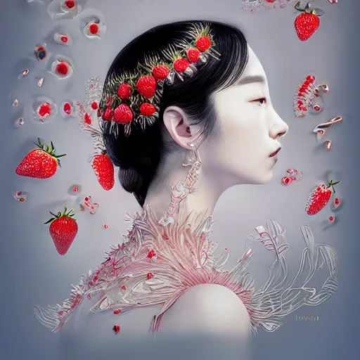 Prompt: the portrait of an absurdly beautiful, graceful, elegant, sophisticated, fashionable young sung yuri made of strawberries and white petals with tears, an ultrafine hyperdetailed illustration by kim jung gi, irakli nadar, intricate linework, bright colors, octopath traveler, final fantasy, unreal engine 5 highly rendered, global illumination, radiant light, detailed and intricate environment