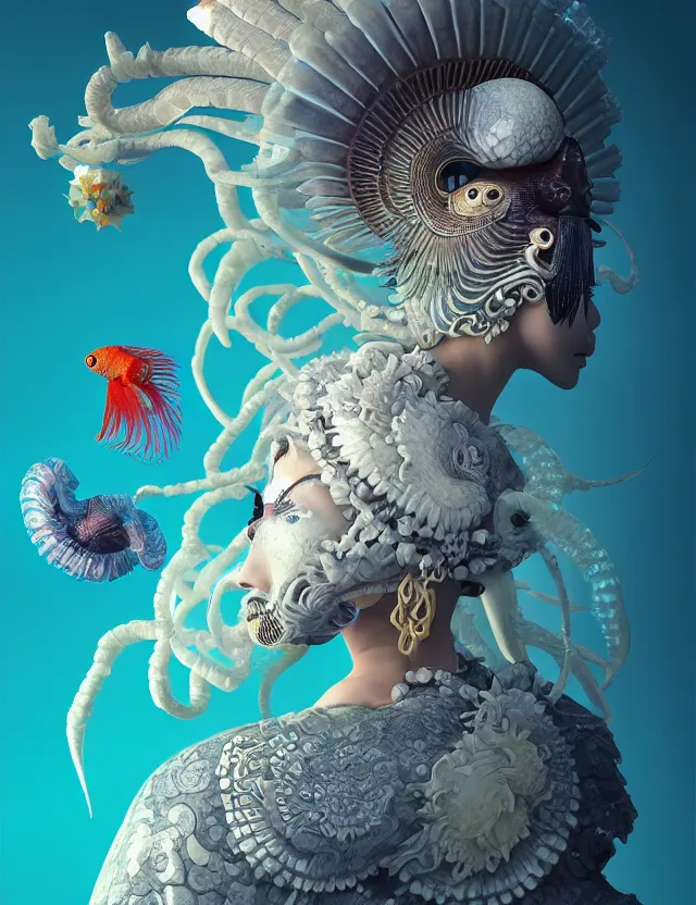 Image similar to 3 d goddess bottom - up with ram skull. beautiful intricately detailed japanese crow kitsune mask and clasical japanese kimono. betta fish, jellyfish phoenix, bio luminescent, plasma, ice, water, wind, creature, artwork by tooth wu and wlop and beeple and greg rutkowski