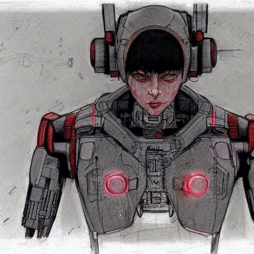 Prompt: Draft drawing of a Cyborg from Ghost in the shell by Enki Bilal, cyberpunk, impressive perspective, aesthetic, masterpiece