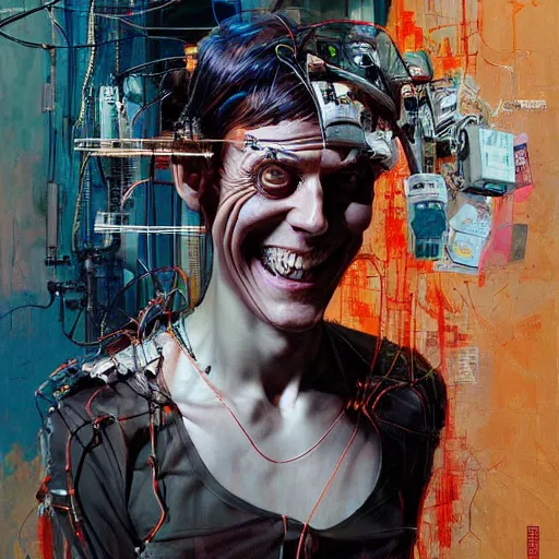 Prompt: zach greinke smiling as a cyberpunk hacker, wires cybernetic implants, in the style of adrian ghenie, esao andrews, jenny saville, surrealism, dark art by james jean, takato yamamoto