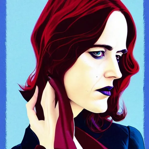 Prompt: Joshua Middleton comic art, wide shot, stunning elegant female Eva Green, Indigo Magician, beautiful evil sneer, symmetrical face, symmetrical eyes, leather clothing and boots, long straight red hair, full body, Indigo occult pattern