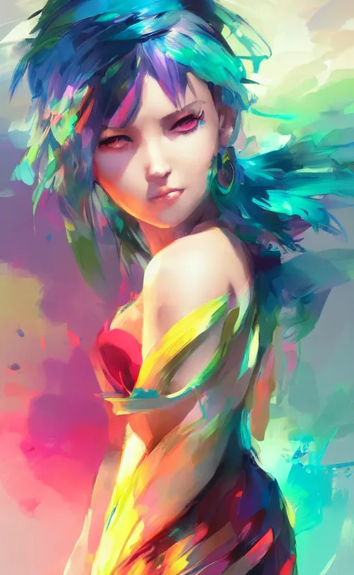 Image similar to a cute woman with rainbow hair dancing, cute tube-top long dress, In style of Yoji Shinkawa, wojtek fus, by Makoto Shinkai, concept art, highly detailed