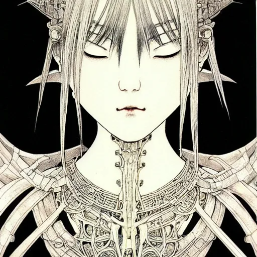 Prompt: prompt: Fragile looking vessel portrait soft light drawn by Takato Yamamoto, inspired by Fables, black ancient chrome knight armor, magical and alchemical weapons, soft light, white background, intricate detail, intricate oil painting detail, sharp high detail, manga and anime 2000