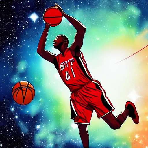 Prompt: A basketball player performing a slam dunk in the galaxy, digital art