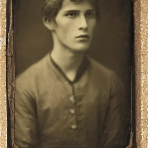 Image similar to tintype photo of alyosha karamazov, handsome innocent young russian man, by julia margaret cameron 1 8 8 0 s, realistic, body shot, sharp focus, 8 k high definition, insanely detailed, intricate, elegant