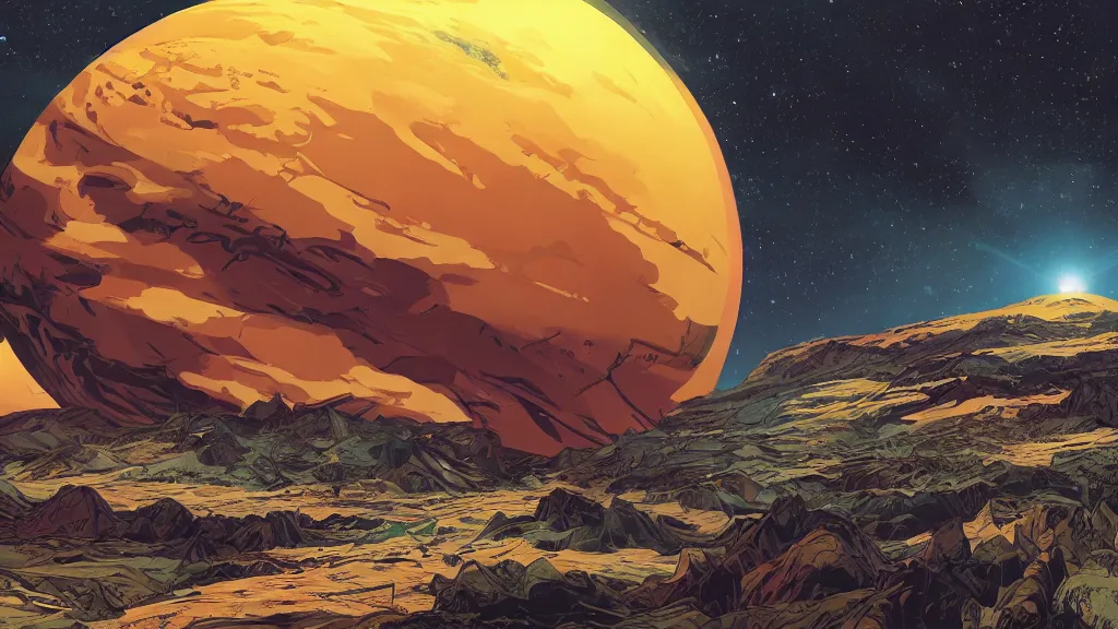 Image similar to very detailed, prophet graphic novel, ilya kuvshinov, rutkowski, simon roy, illustration of a malevolent planet viewed from space, wide shot, colorful, deep shadows,