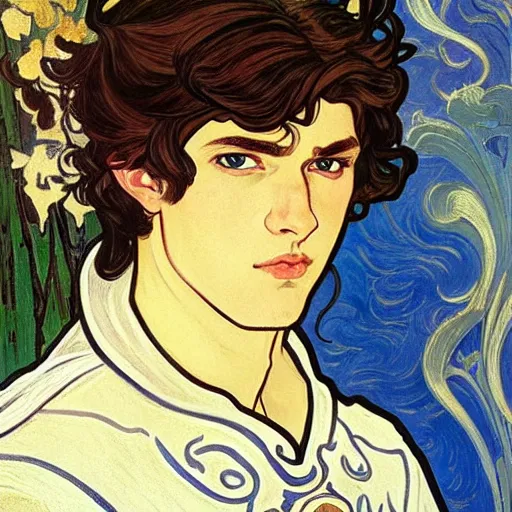 Prompt: portrait painting of young handsome beautiful paladin elf!! man with long! wavy dark hair and blue eyes in his 2 0 s named taehyung minjun james, pale, wearing armor!, gorgeous hair, elf ears, icy eyes, elegant, cute, delicate, soft facial features, art by alphonse mucha, vincent van gogh, egon schiele,