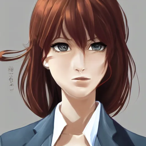 Image similar to woman in business suit, brown neat hair, pixiv, fanbox, trending on artstation, portrait, modern, sleek, highly detailed, formal, serious, determined, competent, colorized, smooth, charming, pretty, safe for work