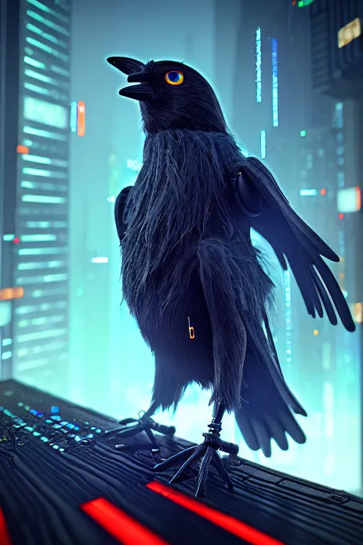 Image similar to high quality 3 d render very cute cyborg crow! incorporated speakers!, cyberpunk highly detailed, unreal engine cinematic smooth, in the style of blade runner & detective pikachu, hannah yata charlie immer, moody light, low angle, uhd 8 k, sharp focus