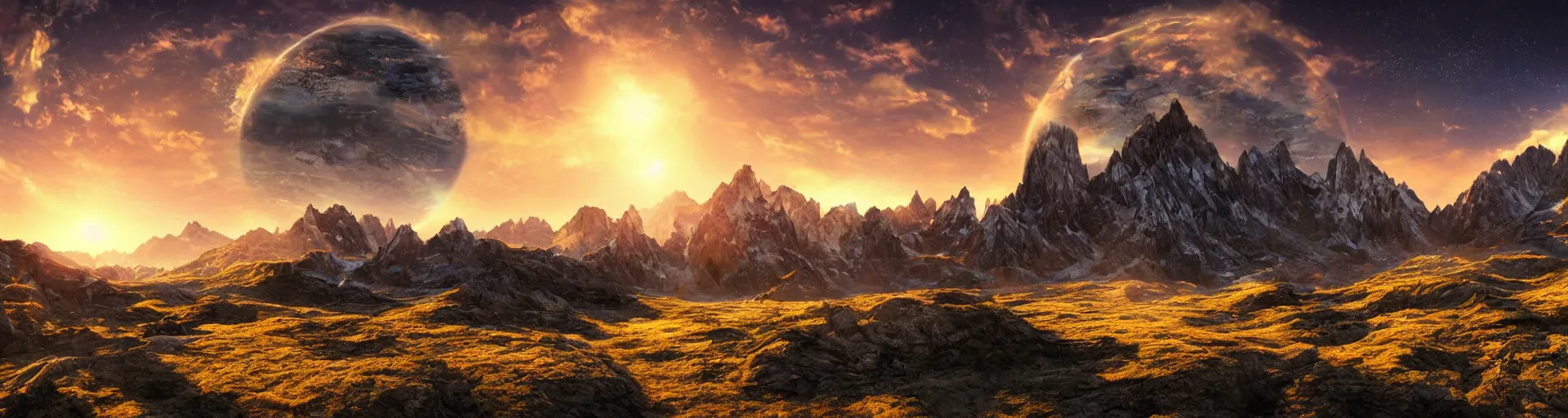 Prompt: beautiful alien planet mountain landscape with a majestic sun set, art, high detail, high definition, photorealistic, hdr,