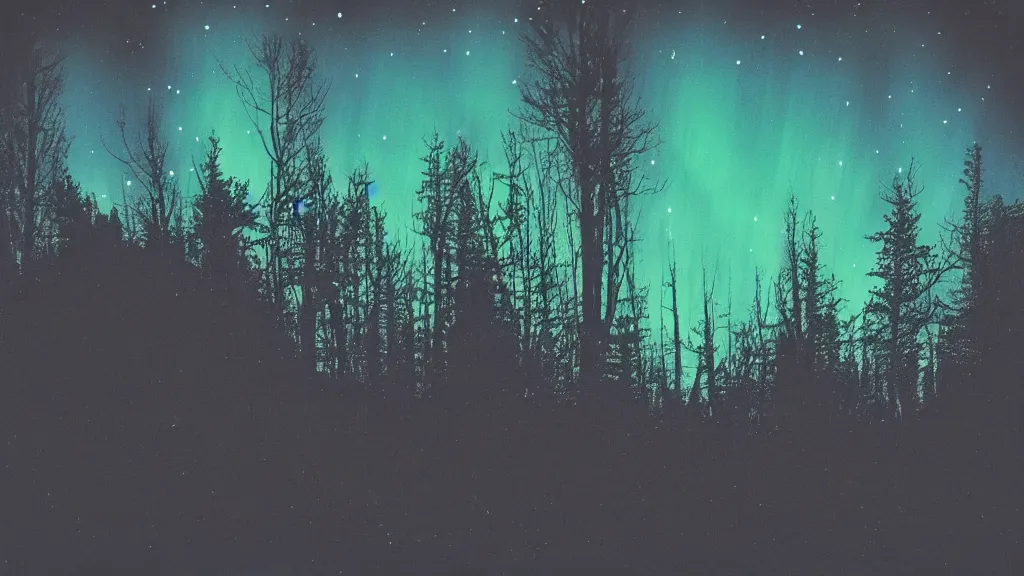 Prompt: a night sky, dark enclosed, winding hillside path, cozy, campfire, ((aurora)), quiet forest night scene, spangle, starlight 4k haunted psychedelic VHS glitch polaroid