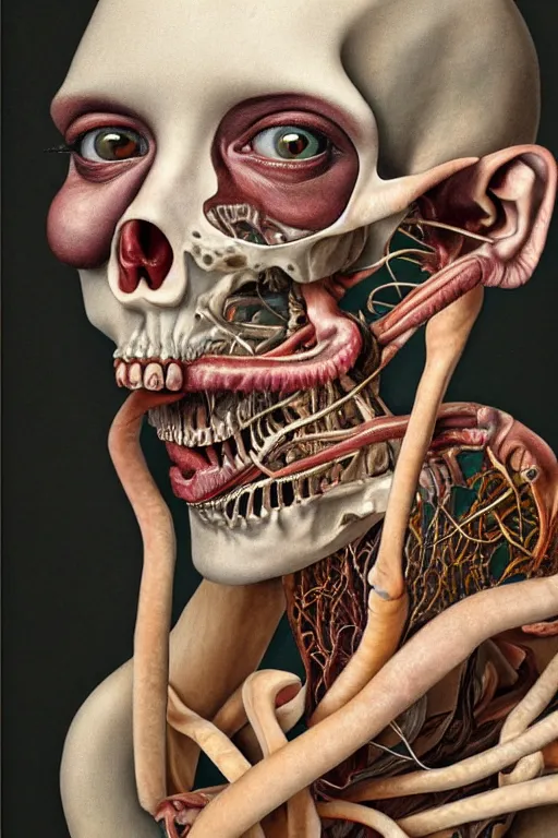 Prompt: Detailed maximalist portrait with large lips and eyes, scared expression, botanical anatomy, skeletal with extra flesh, HD mixed media, 3D collage, highly detailed and intricate, surreal illustration in the style of Jenny Saville, dark art, baroque, centred in image