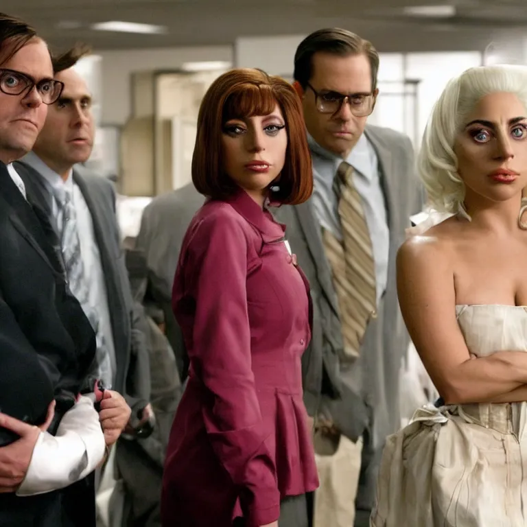 Prompt: confused lady gaga looking at the camera in the middle of dwight schrute and michael scott., from the office ( 2 0 0 5 ), detailed background, uhd, low light, cinematic, realistic, clear face, clear eyes.