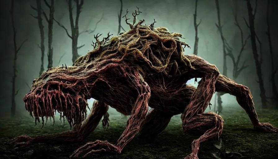 Prompt: full frontal view, a extremely scary horror photograph of a fantasy creature made out of nature and fungus, intricate, hyperrealism, sharp focus, cinematography, highly detailed, octane render, horror cgi 4 k, matte, photograph by professional photographer