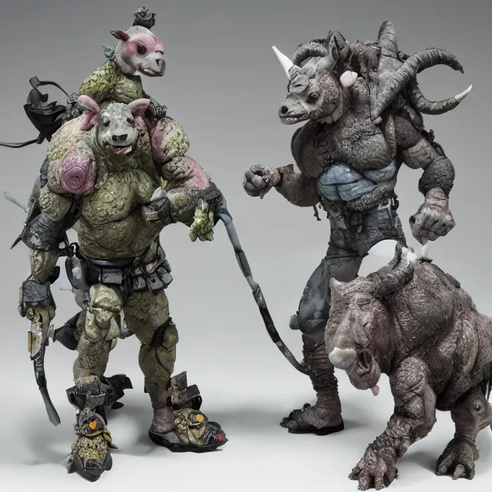 Image similar to a detailed figure of beebop and rocksteady, first 4 figures, detailed product photo