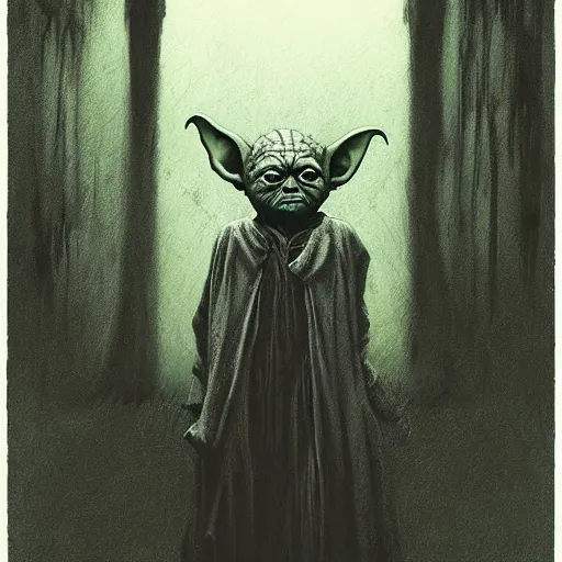 Prompt: horror evil yoda black blood dripping scary eyes creepy background schizo, by john kenn mortensen, zdizslaw beksinski, jeremy mann, h. r. giger