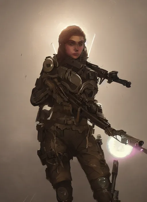 Prompt: of a beautiful sniper girl in war, with futuristic gear and helmet, portrait, hoding a arrowgun, in the style of greg rutkowski, artstation, high quality art, lighting flare effect