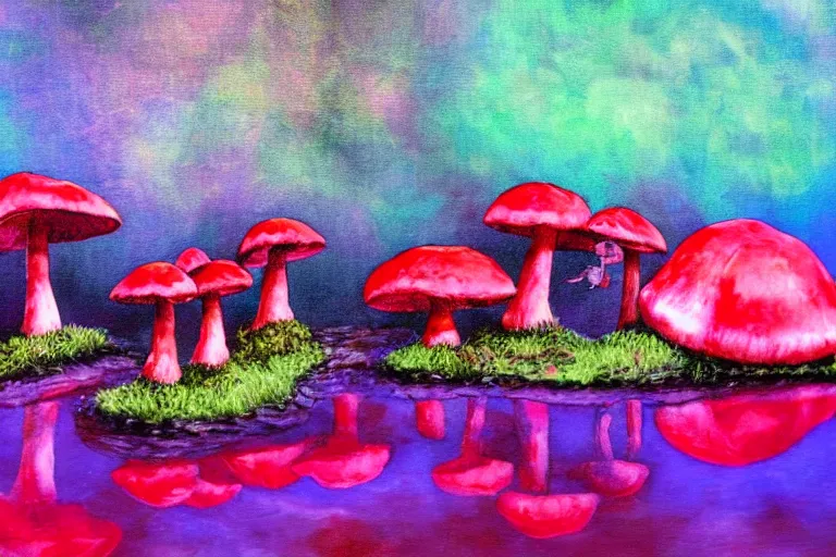 Image similar to a painting of giant mushrooms with next to a small bridge, flowing water, digital art, scenic, reds, purples, pink, reflections, blue lighting, glow's in side the mushrooms, complex background, chill,