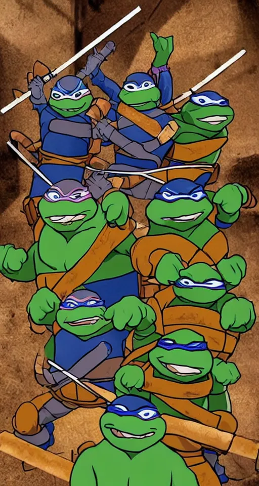 Image similar to the ninja turtles are smoking crack together in a dark alleyway