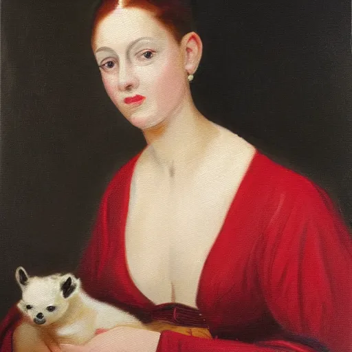 Prompt: an oil painting of a woman seated in profile, holding a small white ermine in her left hand. She is dressed in a lavish red and gold gown, and her dark hair is pulled back from her face in a severe style. Her expression is one of calm detachment, and she stares straight ahead with a slight smile on her lips. The painting is executed in the Renaissance style, with the sitter placed within an ornate setting. light and shadow creates a sense of depth and volume, and the use of color is quite striking. The lady's gown is a rich red, which contrasts sharply with the white of the ermine. There is a great deal of detail in the painting, from the folds of the lady's gown to the individual hairs of the ermine's coat.