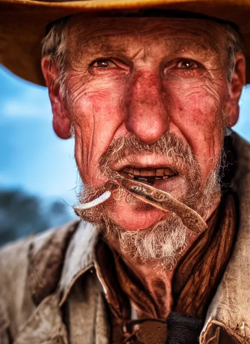 Image similar to closeup portrait of desperate dan (cowboy), old lady, zeiss lens, detailed, symmetrical, centered, fashion photoshoot, by Annie Leibovitz and Steve McCurry, David Lazar, Jimmy Nelsson, Breathtaking, 8k resolution, extremely detailed, beautiful, establishing shot, artistic, hyperrealistic, beautiful face, octane render