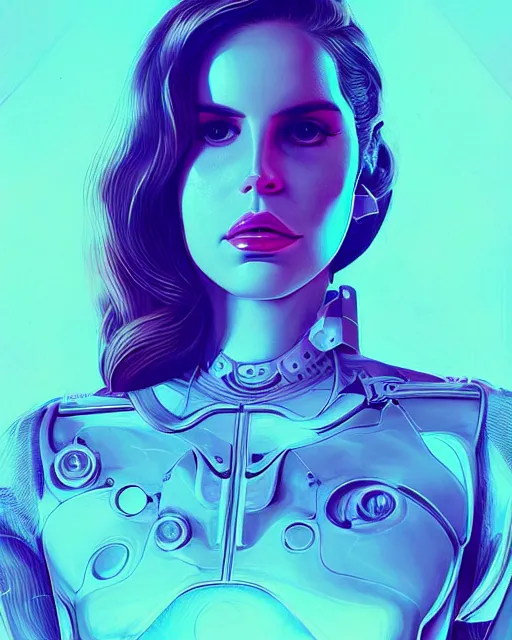 Image similar to portrait of lana del rey as a cyborg. intricate abstract. intricate artwork blue and pink lighting, by tooth wu, wlop, beeple, dan mumford. concept art, octane render, trending on artstation, greg rutkowski very coherent symmetrical artwork. cinematic, key art, hyper realism, high detail, octane render, 8 k, iridescent accents