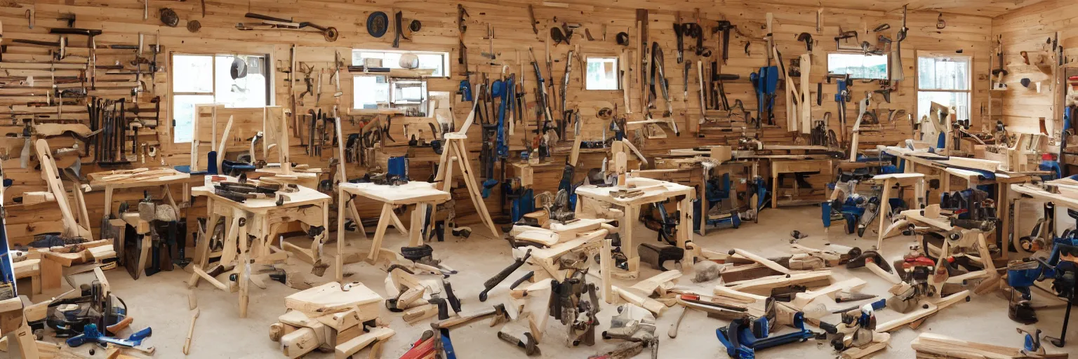 Image similar to A wood workers workshop with a lot of tools wide