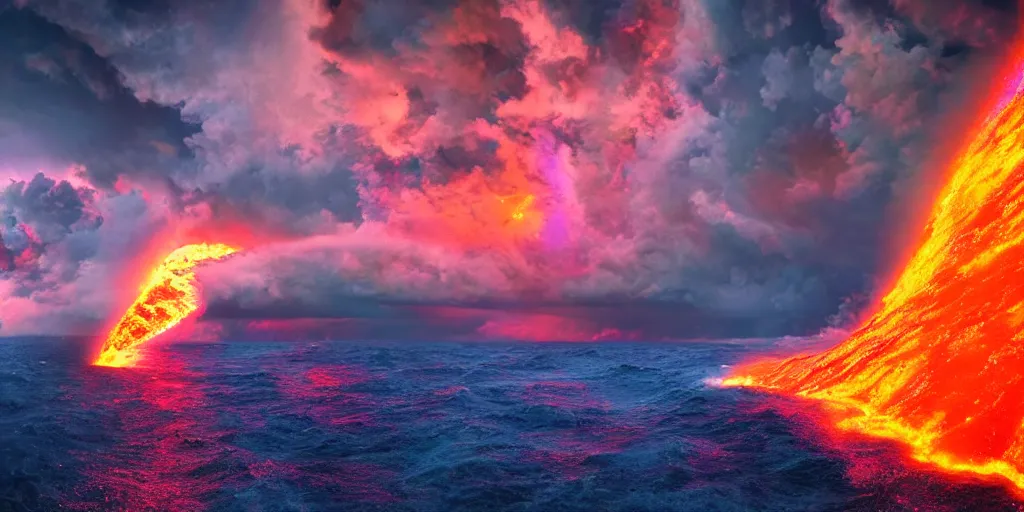 Image similar to dark storm clouds pouring jets of bright lava into the sea below, out at sea, huge swelling iridescent waves, 8k photorealistic, dramatic lighting, chiaroscuro