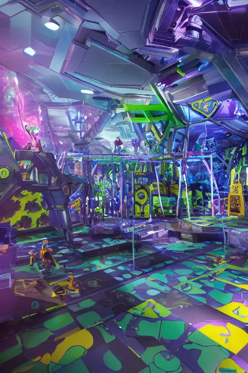 Prompt: Cybertron, the inside of a Discovery Zone soft play area for goth Decepticons, cinematography by Wes Anderson, 4k octane render, photorealistic , cinematic lighting, Artstation