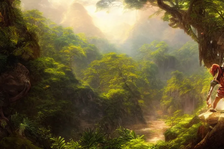 Image similar to a detailed of the greatest explorer emerging from the jungle as a shonen anime protagonist, 1 8 th century south america, octane render, 8 k, volumetric lighting, in the style of disney, art by albert bierstadt and thomas moran