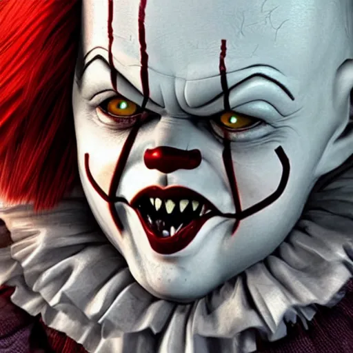 Image similar to pennywise in the style of chucky, realistic photo, well detailed, trend in artstation, 8k