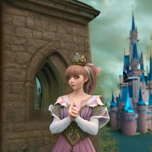 Image similar to a very detailed, ultra-realistic, pleasant, beautiful, funny, smooth 3D CG render, semirealistic anime style, close-up of a gorgeous, cute, gentle, noble priestess magician princess girl wearing dress and jewelry, in a glorious magic kingdom with castle and walls, relaxing calm vibes, fairytale, octane render