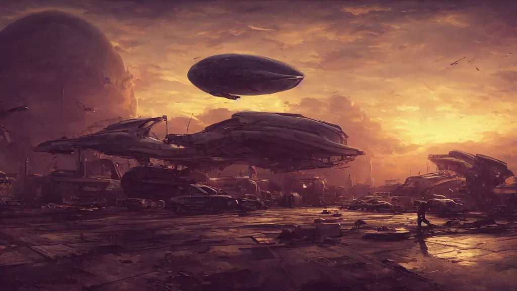 Image similar to a Photorealistic hyperrealistic render of a gigantic spaceship landing at a Junkyard by Greg Rutkowski,Vitaly Bugarov,Stephan Martiniere,Nicolas Bouvier SPARTH,James Paick, Juan Gimenez,PIXAR,dramatic moody sunset lighting,long shadows,Volumetric, cinematic atmosphere, Octane Render,Artstation,8k