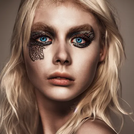 Image similar to A gorgeous blonde, grungy, glowing eyes, modelsociety, radiant skin, studio lighting, perfect face, intricate, Sony a7R IV, symmetric balance, polarizing filter, Photolab, Lightroom, 4K, Dolby Vision, Photography Award