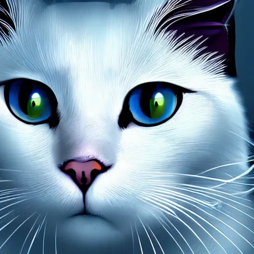 Image similar to a beautiful white cat with blue and yellow eyes, sci-fi, fantasy, highly detailed, digital painting