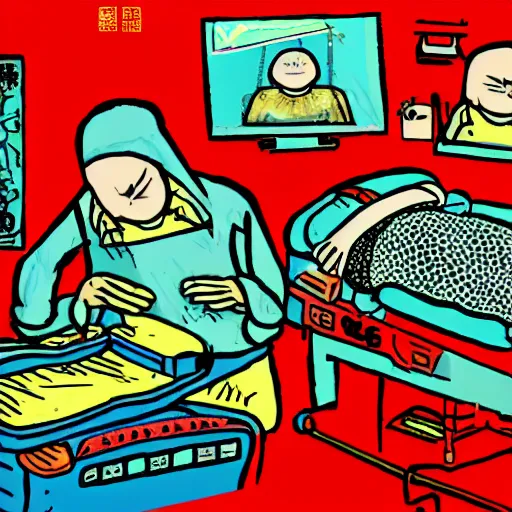 Image similar to chinese surgery operating table, in the style of daniel johnston and outsider art, 8k, line brush, overlaid with chinese adverts