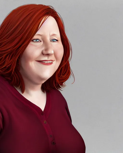 Prompt: portrait of happy short and plump 5 0 - year - old woman with red hair and, kind face, round face, short hair, molly weasley, wearing in cardigan, hyper realistic face, beautiful eyes, character art, art by mark brooks, hyperdetailed, cryengine, trending on artstation, digital art