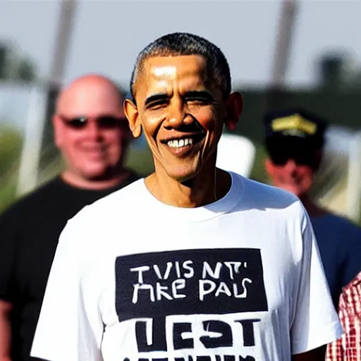 Prompt: photo of Obama wearing a t-shirt which says his last name