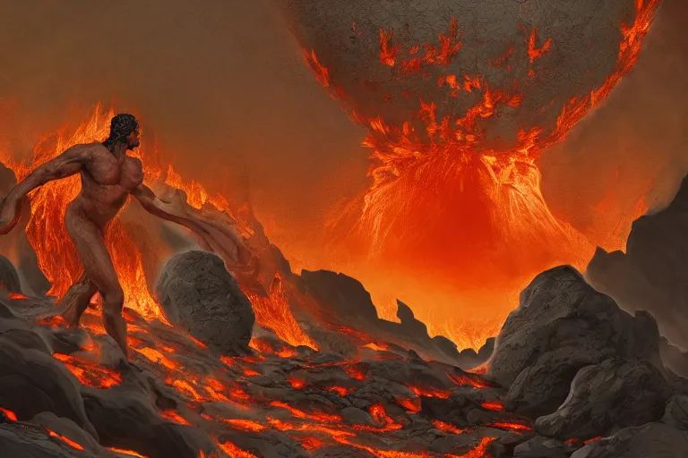 Image similar to a fire and lava god, in a volcano landscape, natural lighting, a small circle of flowers around him, very detailed, 8 k, by pre - raphelites, artstation