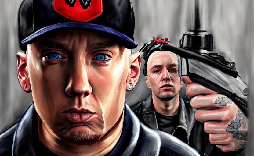 Prompt: eminem in gta v covert art painted by stephen bliss, centered, uncropped, full body, symmetrical face, crispy, trending on artstation, deviantart