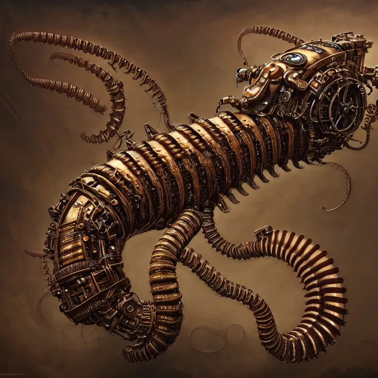 Image similar to steampunk robot millipede, unreal engine realistic render, 8 k, micro detail, intricate, elegant, highly detailed, centered, digital painting, artstation, smooth, sharp focus, illustration, artgerm, tomasz alen kopera, peter mohrbacher, donato giancola, joseph christian leyendecker, wlop, boris vallejo