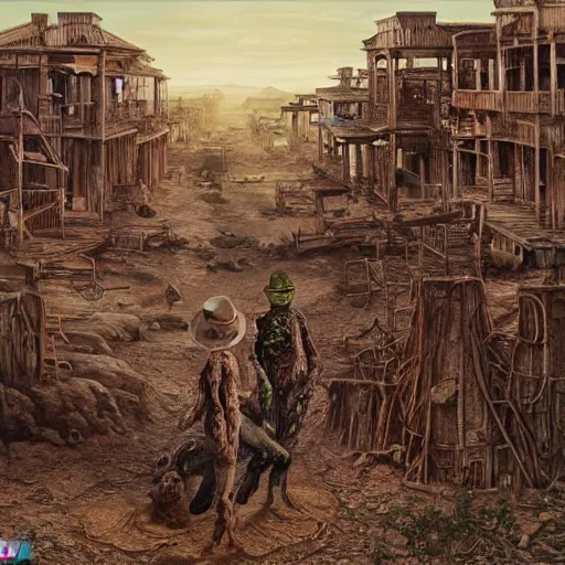 Prompt: a hyperrealistic painting of a westworld ghost town with cowboy pepe the frog teleporting through portals and zombie aliens, apocalyptic desert, cinematic horror by chris cunningham, richard corben, hr giger, highly detailed, vivid color, beksinski painting, part by junji ito and gerhard richter. art by takato yamamoto. masterpiece