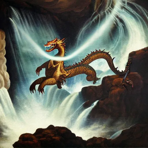 Image similar to oil painting of a dragon flying in the air near a cave with a waterfall in the center, light emanating from the waterfall leading to a big pool of water, dragon has black and white siberian tiger stripes, elegant, sharp focus, wide shot, clear, detailed, early renaissance